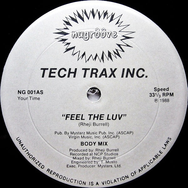 Image of Front Cover of 12" - /G+ - TECH TRAX INC., Feel The Luv (Body Mix / Sex Mix) (Nu Groove; NG 001, US 1988, Plain Sleeve), Visible light marks on B side, plays VG., - 3346185S