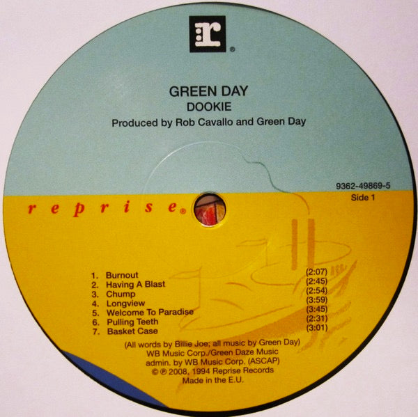Image of Label Cover of LP - NEW/NEW - GREEN DAY, Dookie (Reprise Records; 9362-49869-5, Europe 2009 Reissue, Insert), , Dookie is punk-pop three piece Green Day's first full-length offering for a major label. By combining traditional punk rock riffs with pop sensibilities, Dookie manages to capture the band's distinctive sound without losing any of the energy. Contains the singles Longview, Basket Case and When I Come Around. - 6016052C