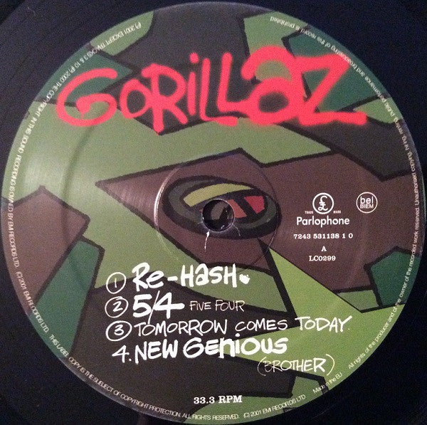Image of Label Cover of 2xLP - NEW/NEW - GORILLAZ, Gorillaz (Parlophone; 7243 5 31138 1 0, Europe 2015 Reissue, Gatefold, 2 Inners, Parlophone Rim Text, Made In The Neatherlands Sleeve.), , Gorillaz's self-titled debut album is a genre-defying classic that showcases the band's ability to blend elements of alternative rock, trip hop, and electronic music into a cohesive and captivating sound. From the melancholy "Tomorrow Comes Today" to the hip-hop influenced "Clint Eastwood," the album is a musical journey