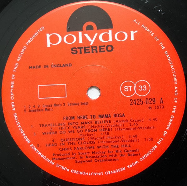 Image of Label Cover of LP - VG/VG+ - CHRIS FARLOWE WITH THE HILL, From Here To Mama Rosa (Polydor; 2425 029, UK 1970, Gatefold, Insert), Sleeve is discoloured & has sticker damage., - 3116264C