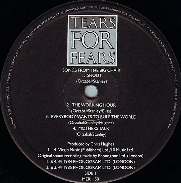 Image of Label Cover of LP - VG/G+ - TEARS FOR FEARS, Songs From The Big Chair (Mercury; MERH 58, UK 1985, Inner, Larger Text At Bottom Of Labels), A few marks but only light hairlines, overall a strong G+, plays well. Cover has MERH 'The New Album' removable sticker, - 2526021E