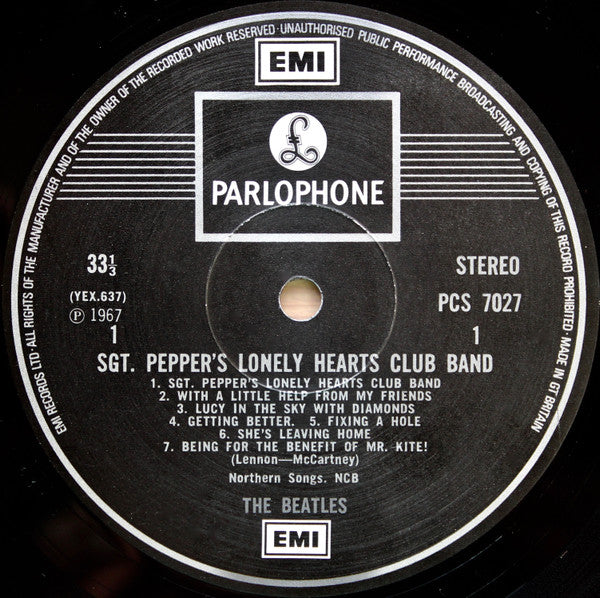 Image of Label Cover of 4715056C: LP - THE BEATLES, Sgt. Pepper's Lonely Hearts Club Band (Parlophone Silver / Black, 2 EMI Boxes, EMI on Label Rim; PCS7027, UK 1975 Reissue, Laminated Gatefold, Insert, Stereo) Strong G+, Side one clean VG, Side 2 has some long light marks, Sleeve intact, Little bit of ring wear VG/G+
