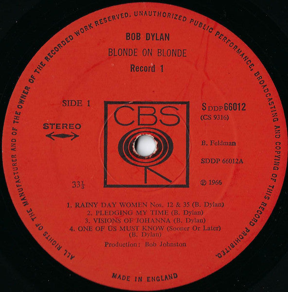 Image of Label Cover of 2xLP - VG/G - BOB DYLAN, Blonde on Blonde (CBS Orange (33 1/3 On Label); 66012, UK 1968 Reissue, Laminated Gatefold With Nine Photos on Inside Sleeve, Stereo, Feldman Credit, "Stuck Inside off Mobile With Thee" on sleeve and label.), , - 1816105C