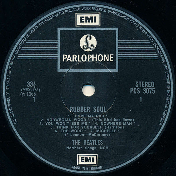Image of Label Cover of LP - G+/G - THE BEATLES, Rubber Soul (Parlophone Silver/Black - Two EMI Boxes, The Gramophone Co. Ltd.; PCS 3075, UK 1971 Reissue, Laminated Front Sleeve Without Patents Pending, Stereo), Tear On Rear Sleeve, Click on Side 2 on Girl, - 4226193E