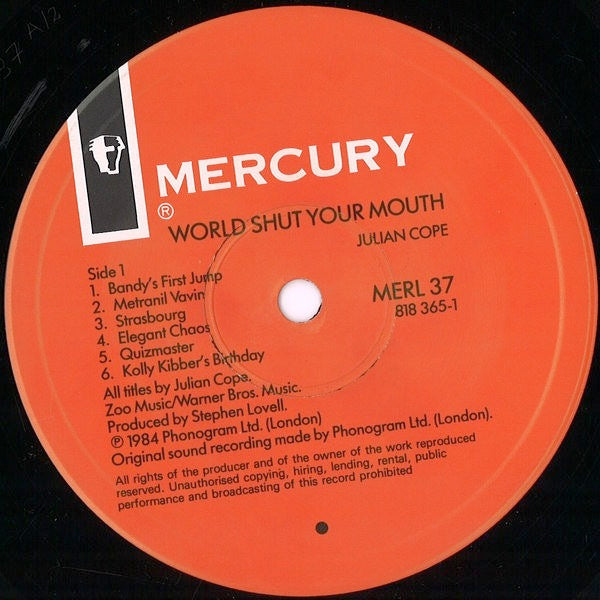 Image of Label Cover of LP - VG/VG - JULIAN COPE, World Shut Your Mouth (Mercury; MERL 37, UK 1984, Inner, "MERL37" Matrix), Light hairlines. Edgewear. , - 2626004E