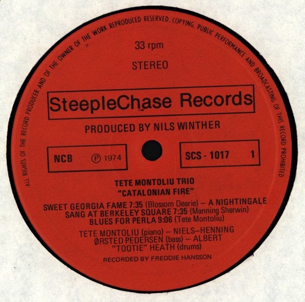 Image of Label Cover of 1715005C: LP - TETE MONTOLIU TRIO, Catalonian Fire (SteepleChase; SCS 1017, Denmark 1974, Glossy Sleeve) Lots of light marks. Edge and corner wear to sleeve. VG/G