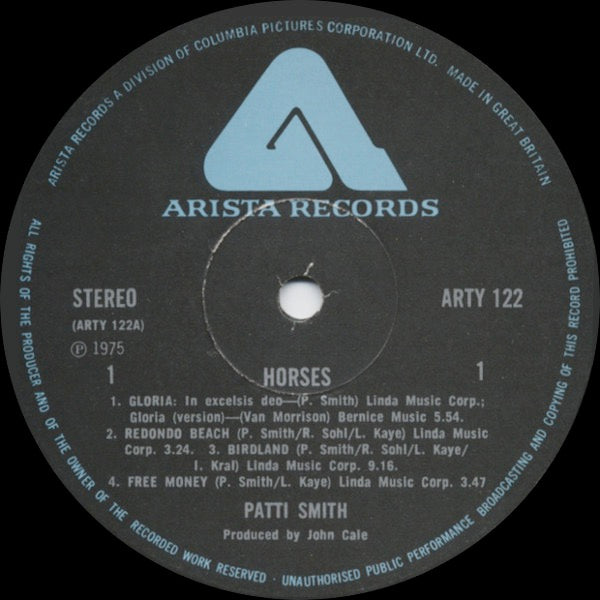 Image of Label Cover of LP - VG+/VG+ - PATTI SMITH, Horses (Arista Black With Light Blue Logo; ARTY 122, UK 1975, EMI Pressing), , - 2326041E