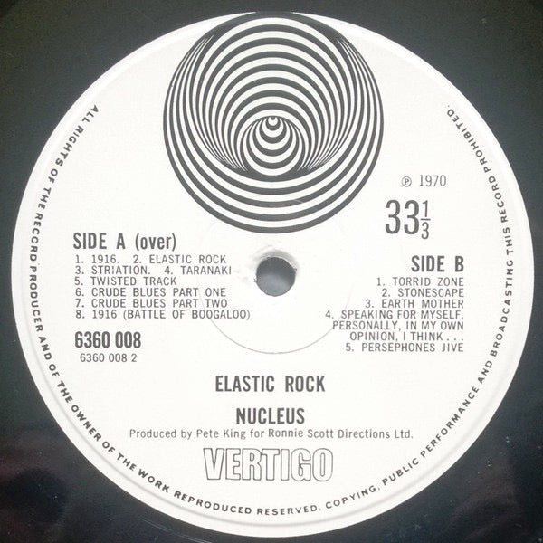 Image of Label Cover of LP - VG/VG+ - NUCLEUS, Elastic Rock (Vertigo Spiral - Logo Below Spindle Hole; 6360 027, UK 1970, Die Cut Gatefold Sleeve, Spiral Inner, Original first UK release), Strong VG+, Small Tear And Creasing To Die Cut, Ring Wear, - 2826207E