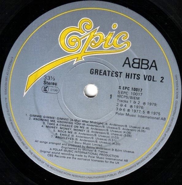 Image of Label Cover of LP - VG/VG - ABBA, Greatest Hits Vol. 2 (Epic; EPC 10017 , UK 1979, Gatefold, Inner, Printed In Holland on Sleeve, Made in England on Label), , - 2646086S