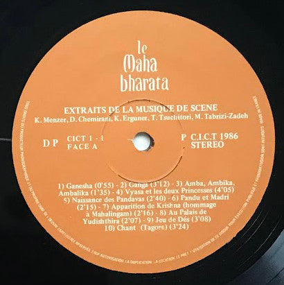 Image of Back Cover of LP - VG/VG - KIM MENZER, DJAMCHID CHEMIRANI, KUDSI ERGUNER, TOSHI TSUCHITORI, MAHMOUD TABRIZI-ZADEH, Le Mahabharata, Extraits de la Musique de Sc ne Enregistr e Aux Bouffes Du Nord (CICT; C.I.C.T 1-1, France 1986), Strong VG, only a handful of light hairlines. Back sleeve delaminating, - 2926311E