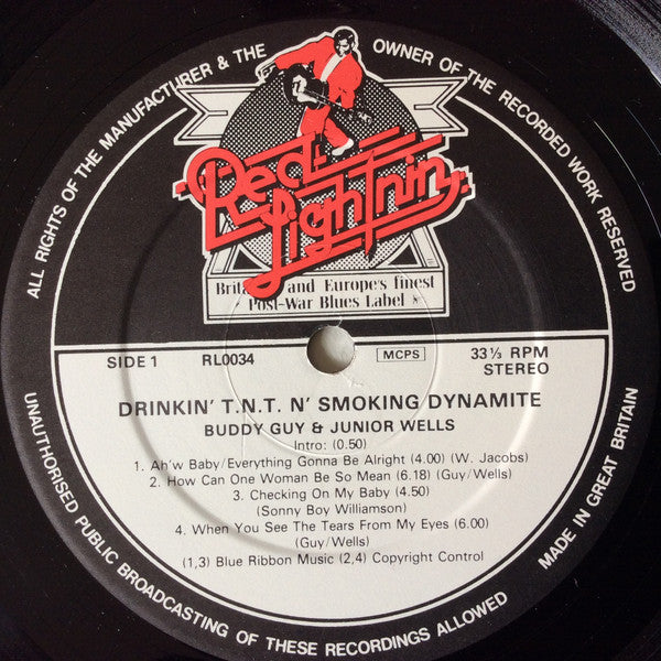 Image of Label Cover of LP - G+/VG - BUDDY GUY & JUNIOR WELLS WITH BILL WYMAN & PINETOP PERKINS & DALLAS TAYLOR & TERRY TAYLOR, Drinkin' T.N.T N' Smoking Dynamite (Red Lightnin'; RL 0034, UK 1984), Sticker Residue on Sleeve, Edge And Ring Wear, - 3626266E