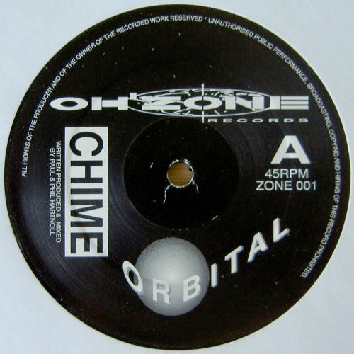 Image of Front Cover of 12" - /VG+ - ORBITAL, Chime / Deeper (Oh'Zone Records; ZONE 001, UK 1989, Plain Sleeve, Limited Edition of 1,000), , First pressing of "Chime". "Deeper" is the full 15-minute version which was only available on this pressing, until Orbital reissued the 12" in 2024. - 3246158S