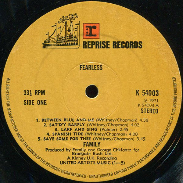 Image of Label Cover of 0245026S: LP - FAMILY, Fearless (Reprise; K54003, UK 1971, Fold Out Gimmick Sleeve, Insert) Slight tear in first part og Gimmix sleeve, Little bit of writing on sleeve G+/VG+