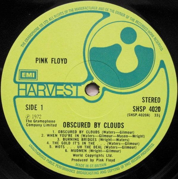 Image of Label Cover of LP - VG/G - PINK FLOYD, Obscured by Clouds (Harvest Green, Gramophone Co On Rim, EMI Box; SHSP 4020, UK 1972, Textured Sleeve, Rounded Sleeve Corners, Corrected 2nd Press - Sibilance Removed, A2-B2 Matrix), Lots of little surface marks and hairlines, Plays with a bit of surface noise in quiet passages, Pretty nice sleeve, Few light creases, - 3816095C
