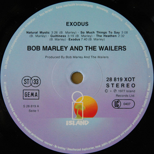 Image of Label Cover of 4815355C: LP - BOB MARLEY AND THE WAILERS, Exodus (Island Records; 28 819 XOT, Germany 1977, Not-Embossed Sleeve, Inner) Conservative grading : mottling on disc, sounds VG or better. Sleeve looks great, but has a bit torn off on bottom right corner. G+/G+