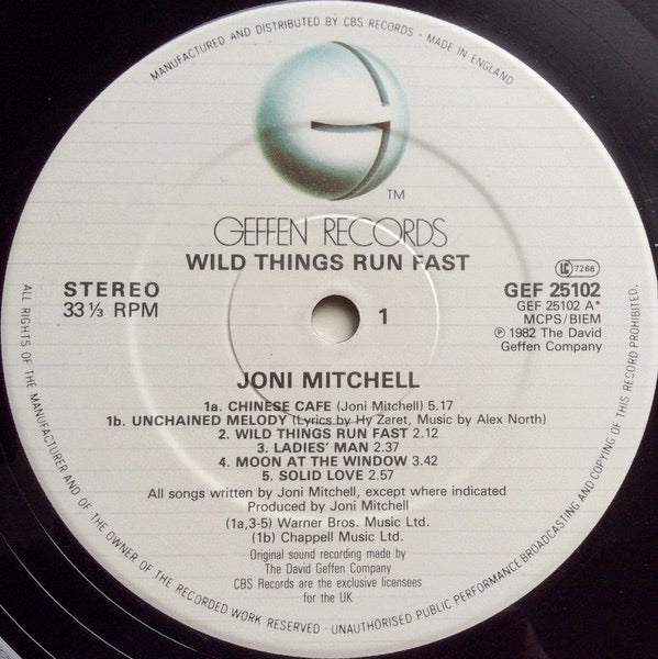 Image of Label Cover of LP - VG/VG+ - JONI MITCHELL, Wild Things Run Fast (Geffen; GEF 25102, UK 1982, Gatefold), Small mark to 'wild' on front of sleeve, Otherwise VG+, Clean glossy disc. , - 2416397C