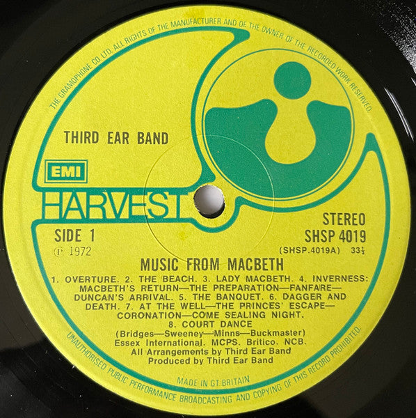 Image of Label Cover of LP - VG+/VG+ - THIRD EAR BAND, Music From Macbeth (Harvest Green, Gramophone Co On Rim, EMI Box; SHSP4019, UK 1972, Textured Sleeve), , - 1726524E