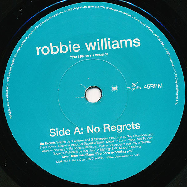 Image of Label Cover of 7" - VG+/VG+ - ROBBIE WILLIAMS, No Regrets / Antmusic (Chrysalis; CHS 5100, UK 1998, Picture Sleeve), , - 4316257C