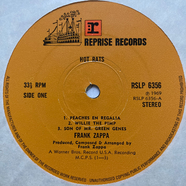 Image of Label Cover of LP - VG/VG - FRANK ZAPPA, Hot Rats (Reprise Tan, No WB Logo ; RSLP6356, UK 1970 Reissue, Gatefold, SIDE ONE / SIDE TWO ON LABELS), Very Strong VG, Edge Wear, Small Stain On Sleeve, - 4326424E