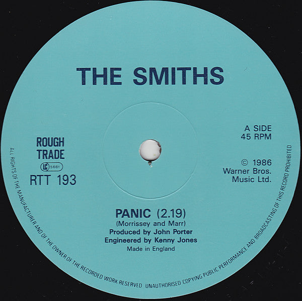 Image of Label Cover of 12" - G+/VG - THE SMITHS, Panic (Rough Trade; RTT 193, UK 1986, Picture Sleeve, Die-Cut Turquoise Inner, No Stickers, EMI Pressing - U-1-1 in Run Outs), With hype sticker. Hairlines, edge & ring wear, seam split on spine, - 3446190S