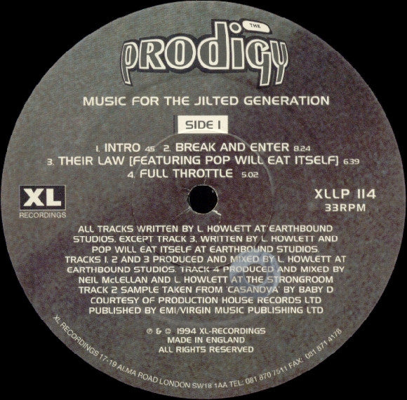 Image of Label Cover of 2xLP - VG/G - PRODIGY, Music For The Jilted Generation (XL; XLLP114, UK 1994, Gatefold), Lots of light marks, Disc 2 strong G+, Disc one has some unsightly scuffs but plays well, Sleeve a bit worn with pinch creases and edge wear, - 2816131C