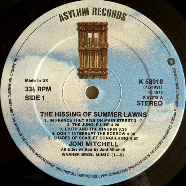 Image of Label Cover of LP - VG/VG+ - JONI MITCHELL, The Hissing Of Summer Lawns (Asylum Records; K 53018, UK 1970s Reissue, Embossed Gatefold Sleeve, Warner Logo in Rim Text, Made In UK on Labels), One small cosmetic mark on side 1, does not effect play., - 3116204C