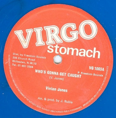 Image of Front Cover of 12" - VG/VG+ - VIVIAN JONES / LOCKS LEE, Who's Gonna Get Caught / Horns Finger (Virgo Stomach; VG 1003, UK 1981, Reggae Disco 45 Sleeve, Blue Vinyl), Shiny clean. , - 3626049E