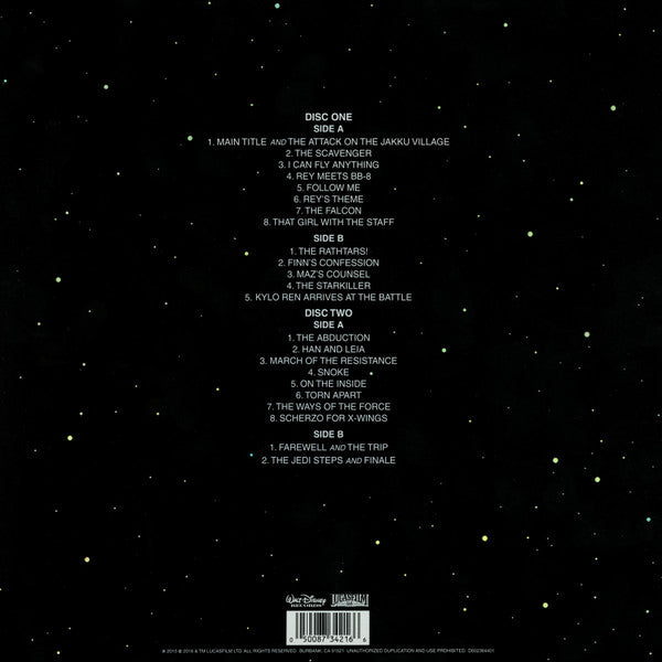 Image of Back Cover of 2xLP - EX/EX - JOHN WILLIAMS , Star Wars: The Force Awakens (Original Motion Picture Soundtrack) (Walt Disney Records ; D002364401, UK 2016, Gatefold, 2 Inners & Booklet, Hand-etched Holograms ), Seal opened instore, still in hype stickered shrinkwrap., - 3426214E