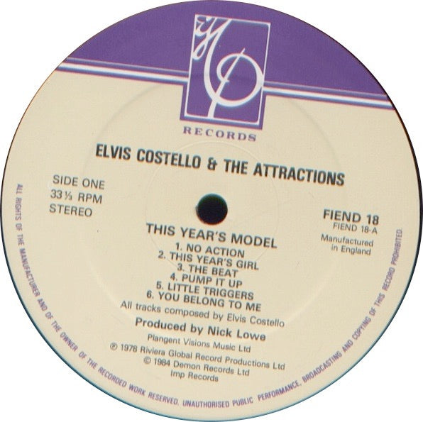 Image of Label Cover of LP - VG+/VG+ - ELVIS COSTELLO, This Year's Model (Imp Records; FIEND 18, UK 1984 Reissue, Inner & Advert Insert, Misprinted cover without deliberate error.), A couple of light hairlines., - 2526048E