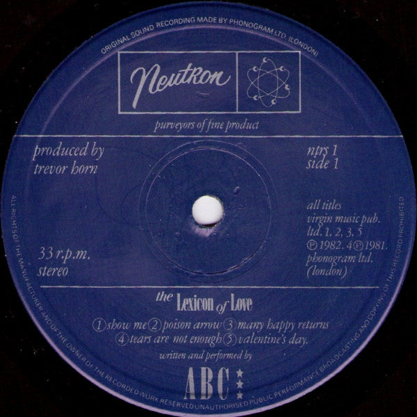 Image of Label Cover of LP - G+/G+ - ABC, The Lexicon Of Love (Neutron Records; NTRS 1, UK 1982, Inner), , - 2126031E