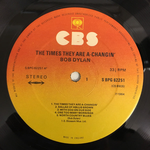 Image of Label Cover of LP - VG/VG+ - BOB DYLAN, The Times They Are A-Changin' (CBS Orange/Yellow; 62251, UK 1970s Reissue, A4/B5), Edge wear and corner creasing., - 3646064S