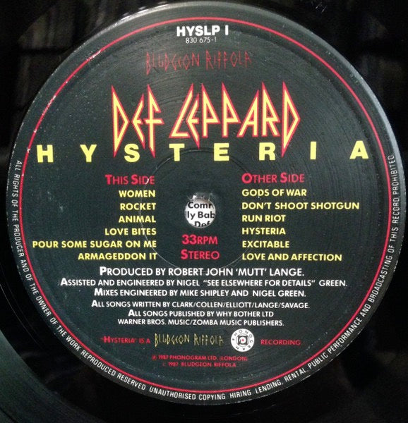 Image of Label Cover of LP - VG/G - DEF LEPPARD, Hysteria (Bludgeon Riffola; HYSLP 1, UK 1987, Sleeve with round sticker, Inner, DMM. Masterdisk on both sides), , - 2326242E