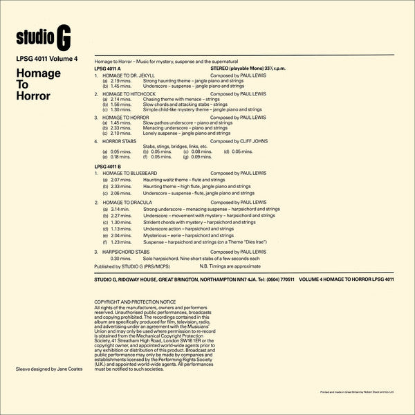 Image of Back Cover of LP - VG/EX - PAUL LEWIS / CHRIS JOHNS, Homage to Horror (Studio G; LPSG 4011, UK 1984), , - 3846279S