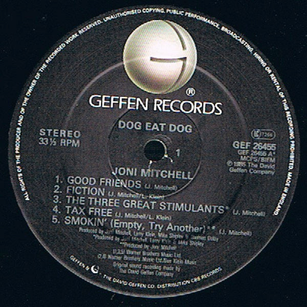Image of Label Cover of LP - VG+/VG+ - JONI MITCHELL, Dog Eat Dog (Geffen; GEF 26455, UK 1985, Gatefold), , - 1726283E