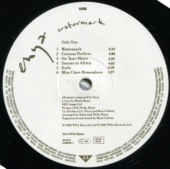Image of Label Cover of 4945069S: LP - ENYA, Watermark (WEA; WX274, Europe 1989 Reissue, Inner, Stereo, with extra track Storms In Africa (Part II)) Hairlines, a few edge creases, with hype sticker VG/VG