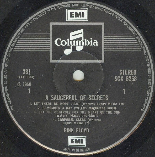 Image of Label Cover of 4825085E: LP - PINK FLOYD, A Saucerful of Secrets (Columbia Silver/Black, 2 x EMI Box; SCX6258, UK 1971 Reissue, Laminated Flipback Sleeve, Stereo) Very Strong VG, Spine Damage, Name Written On Rear Sleeve VG/VG