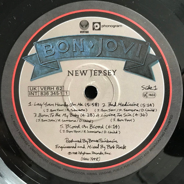 Image of Label Cover of LP - VG/VG - BON JOVI, New Jersey (Vertigo; VERH 62, UK 1988, Inner), , - 2426021E