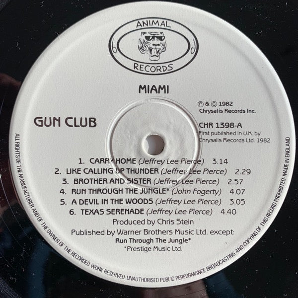 Image of Label Cover of LP - VG/G - THE GUN CLUB, Miami (Animal; CHR 1398, UK 1982), Lots of light marks and hairlines, Nothing major, Sleeve has edge wear and sticker damage/residue, Comes with neat DIY NME print outs from '82., - 3216075C