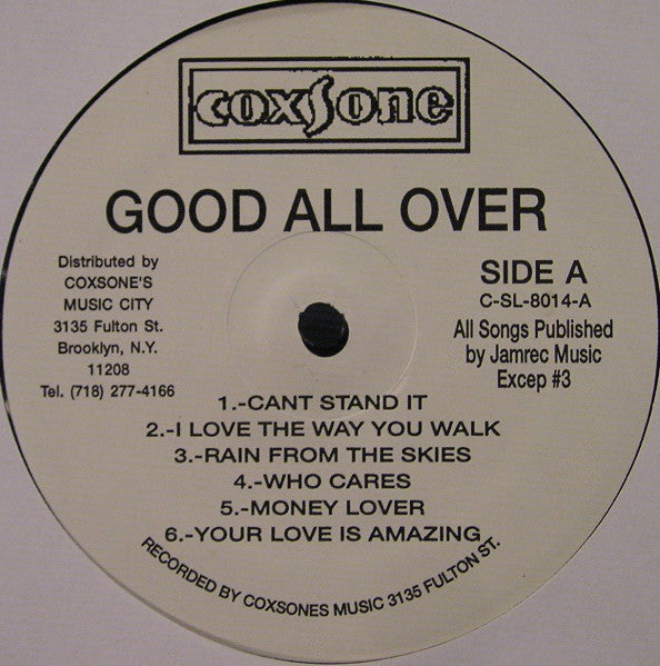 Image of Label Cover of LP - VG/VG - DELROY WILSON, Good All Over (Coxsone Records; C-SL-8014, US 1990s Reissue, Picture Sleeve), Some notable marks on A-side, but play through fine. Sleeve has some wear, light staining, creases, sticker glue. Labels off-centre, - 2216478C