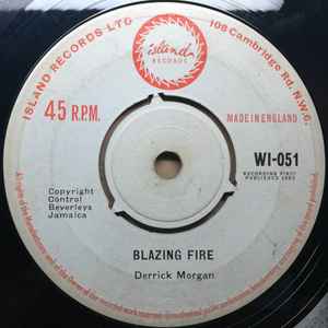 Image of Back Cover of 7" - /VG - DERRICK MORGAN / DERRICK & PATSY, Blazing Fire / I'm In A Jam (Island Records; WI-051, UK 1963, 3-Prong Centre), Centre intact, strong VG., - 1456202S