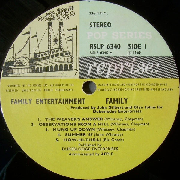 Image of Label Cover of 4044322S: LP - FAMILY, Entertainment (Reprise Tricolour; RSLP6340, UK 1969, Laminated Flipback Sleeve, No Poster, "Pop Series" Labels) Vinyl has just a few light marks but has a small chip in the dead wax at the start, Sleeve has light VG/G+