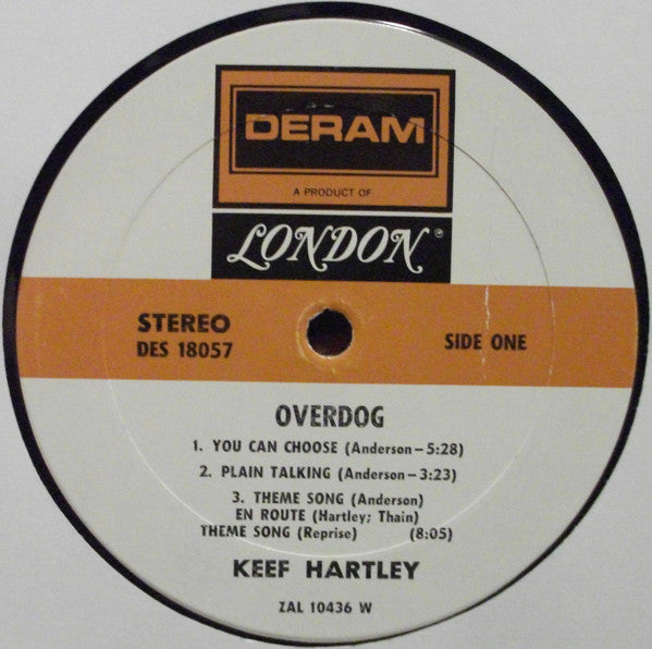 Image of Label Cover of LP - G+/G+ - KEEF HARTLEY BAND, Overdog (Deram White and Brown; DES 18057, US 1971, Textured Gatefold Sleeve, Company Inner, Waddell Press), Scuffs and hairlines all over disc, all surface. Edge wear, large seam split to top edge, sticker damage on front of sleeve, one patch has been coloured in with red pen., - 1246296S