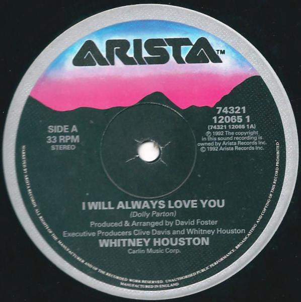 Image of Label Cover of 12" - VG/VG - WHITNEY HOUSTON, I Will Always Love You (Arista; 74321 12065 1, UK 1992, Picture Sleeve), Lighter edge wear on sleeve, - 1716538C