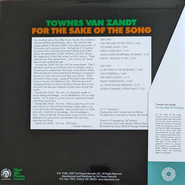 Image of Back Cover of LP - EX/EX - TOWNES VAN ZANDT, For The Sake Of The Song (Fat Possum; FP1087-3, US 2018 Reissue, Booklet, Vinyl Me Please Edition: Translucent Blue vinyl with OBI and exclusive art print.), , - 2426103E
