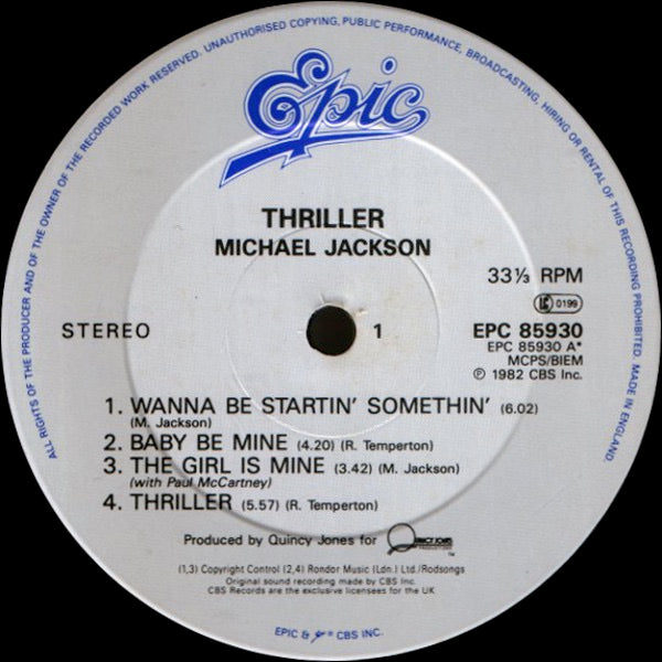 Image of Label Cover of LP - VG+/VG - MICHAEL JACKSON, Thriller (Epic; EPC 85930, UK 1980s Reissue, Gatefold, Inner, White labels with Blue Epic Logo), , - 3926030E