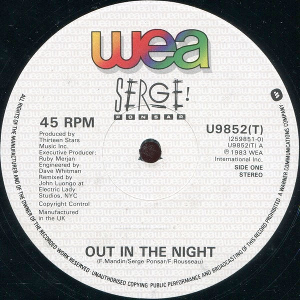 Image of Front Cover of 12" - /VG - SERGE PONSAR, Out In The Night / Instrumental (WEA; U9852(T), UK 1983, Company Sleeve), , - 2446253S
