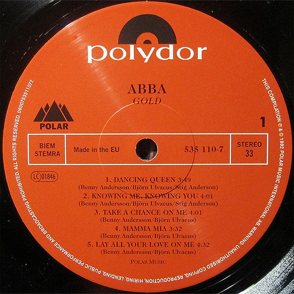 Image of Label Cover of 2xLP - NEW/NEW - ABBA, Gold (Greatest Hits) (Polar; 5351106, Europe 2014 Reissue, 2 Inners), , Without a doubt, "Gold: Greatest Hits" is one of the most influential compilation albums ever released and it includes all of Abba's hit songs and more. This album is the best-selling Abba album and stands tall as one of the top-selling albums worldwide. - 6056002S