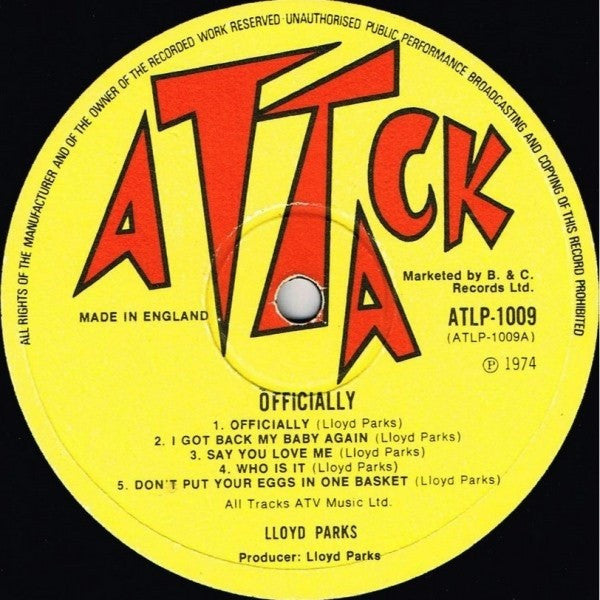 Image of Label Cover of LP - VG+/VG+ - LLOYD PARKS, Officially (Attack; ATLP 1009, UK 1974), A couple of visible superficial lines nap, plays clean. Sleeve looks almost perfect., - 2946231S