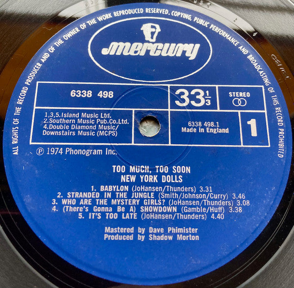 Image of Label Cover of LP - VG+/VG+ - NEW YORK DOLLS, Too Much Too Soon (Mercury; 6338 498, UK 1974, Laminated Sleeve, Stereo), , - 2846198S
