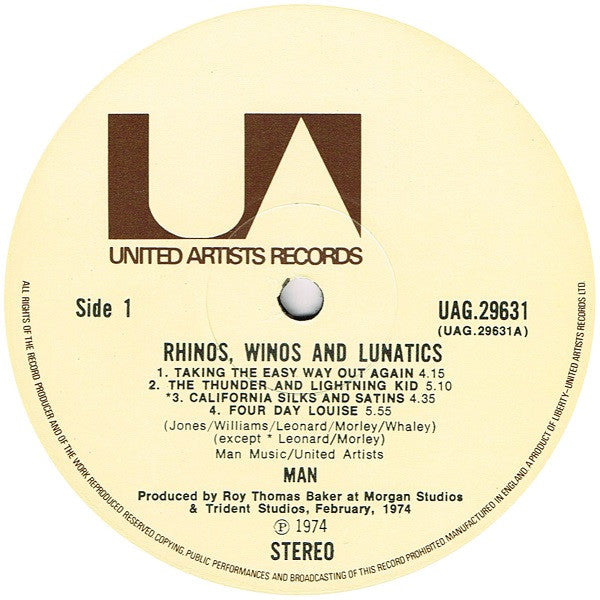 Image of Label Cover of LP - VG/G+ - MAN, Rhinos, Winos And Lunatics (United Artists Records; UAG 29631, UK 1974, Laminated Gatefold Sleeve), Strong G+, Side 1 VG, Side 2 has some light scuffs, Decent Sleeve, - 4116184C